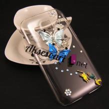 Луксозен твърд гръб 3D с камъни за Samsung Galaxy J1 / Samsung J1 - прозрачен / сини пеперуди