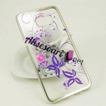 Луксозен силиконов калъф / гръб / TPU с камъни за Samsung Galaxy S6 Edge G925 - лилави цветя / сребрист кант