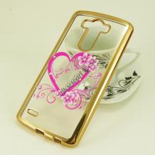 Луксозен силиконов калъф / гръб / TPU с камъни за LG G3 D850 - розово сърце / златист кант