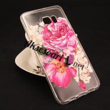 Луксозен силиконов калъф / гръб / TPU с камъни за Samsung Galaxy S6 Edge+ G928 / S6 Edge Plus - прозрачен / цветя