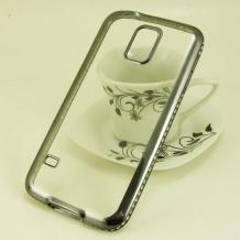 Луксозен силиконов калъф / гръб / TPU с камъни за Samsung G900 Galaxy S5 / Galaxy S5 Neo G903 - прозрачен / тъмно сив кант
