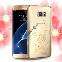 Луксозен твърд гръб KINGXBAR Swarovski Diamond за Samsung Galaxy S6 Edge - прозрачен със златен кант / Rose