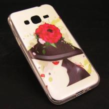 Силиконов калъф / гръб / TPU за Samsung Galaxy J3 - момиче / шапка с цветя
