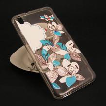 Луксозен силиконов калъф / гръб / TPU с камъни за HTC Desire 816 - прозрачен / сини и бели цветя