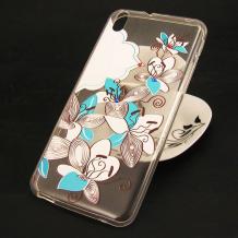 Луксозен силиконов калъф / гръб / TPU с камъни за HTC Desire 816 - прозрачен / сини и бели цветя