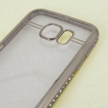 Луксозен силиконов гръб TPU Rowen с камъни за Samsung Galaxy S6 Edge+ G928 / S6 Edge Plus - прозрачен / сребрист кант