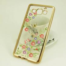 Луксозен силиконов калъф / гръб / TPU с камъни за Samsung Galaxy A5 A500F - прозрачен / многоцветни цветя и пеперуди / златист кант