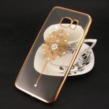 Луксозен силиконов калъф / гръб / TPU с камъни за Samsung Galaxy S7 G930 - прозрачен / орнамент / златист кант