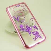 Луксозен силиконов калъф / гръб / TPU с камъни за LG G5 - прозрачен / лилави цветя с Rose Gold кант