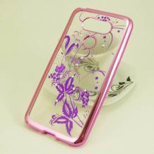 Луксозен силиконов калъф / гръб / TPU с камъни за LG G5 - прозрачен / лилави цветя с Rose Gold кант