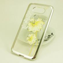 Луксозен силиконов калъф / гръб / TPU с камъни за LG G5 - прозрачен / жълти цветя със сребрист кант