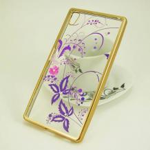 Луксозен силиконов калъф / гръб / TPU с камъни за Sony Xperia Z5 - лилави цветя / прозрачен със златист кант