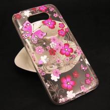 Луксозен силиконов калъф / гръб / TPU с камъни за LG G5 - прозрачен / розови цветя и пеперуда
