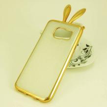 Силиконов калъф / гръб / TPU 3D за Samsung Galaxy S7 G930 - прозрачен с брокат / заешки ушички / златист кант