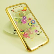 Луксозен силиконов калъф / гръб / TPU с камъни за LG G5 - прозрачен / цветя и пеперуди със златист кант