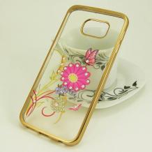 Луксозен силиконов калъф / гръб / TPU с камъни за Samsung Galaxy S6 Edge G925 - цветя и пеперуда / златист кант