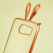 Силиконов калъф / гръб / TPU 3D за Samsung Galaxy S7 G930 - прозрачен с брокат / заешки ушички / Rose Gold кант