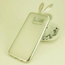 Силиконов калъф / гръб / TPU 3D за Samsung Galaxy S7 Edge G935 - прозрачен с брокат / заешки ушички / сребрист кант