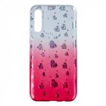 Силиконов калъф / гръб / TPU за Samsung Galaxy A7 2018 A750F - преливащ / сребристо и червен / сърца / брокат