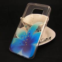 Луксозен силиконов калъф / гръб / TPU с камъни за Samsung Galaxy S7 G930 - прозрачен / синьо цвете
