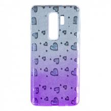 Силиконов калъф / гръб / TPU за Samsung Galaxy S9 Plus G965 - преливащ / сребристо и лилаво / сърца / брокат