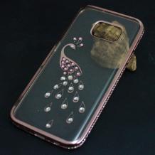Силиконов калъф / гръб / TPU за Samsung Galaxy S7 Edge G935 - прозрачн със розов кант / Паун с камъни