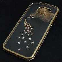 Луксозен силиконов калъф / гръб / TPU с камъни за Samsung Galaxy S6 Edge G925 - прозрачен със златист кант / Паун