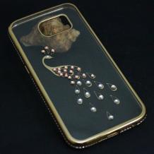 Луксозен силиконов калъф / гръб / TPU с камъни за Samsung Galaxy S6 Edge G925 - прозрачен със златист кант / Паун