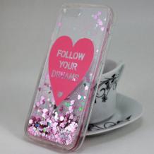 Твърд гръб за Apple iPhone 5 / iPhone 5S / iPhone SE - Follow your dreams / розов брокат / розово сърце