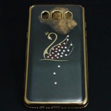 Луксозен силиконов калъф / гръб / TPU с камъни за Samsung Galaxy J5 2016 J510 - прозрачен със златист кант / Лебед