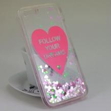 Твърд гръб за Apple iPhone 5 / iPhone 5S / iPhone SE - Follow your dreams / розов брокат / розово сърце