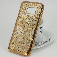 Силиконов калъф / гръб / TPU за Samsung Galaxy S7 G930 - прозрачен с кръгове / Gold