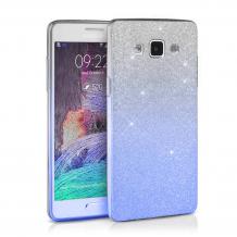 Луксозен силиконов калъф / гръб / TPU 2in1 за Samsung Galaxy J3 - бяло и синьо / брокат 