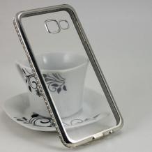 Луксозен силиконов калъф / гръб / TPU с камъни за Samsung Galaxy A3 2016 A310 - прозрачен / сребрист кант