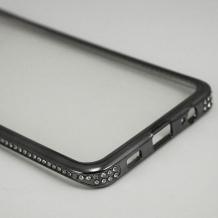 Луксозен силиконов калъф / гръб / TPU с камъни за Samsung Galaxy S6 Edge+ G928 / S6 Edge Plus - прозрачен / тъмно сив кант
