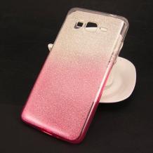 Силиконов калъф / гръб / TPU 2in1 за Samsung Galaxy Grand Prime G530 - прозраченo и цикламено / брокат