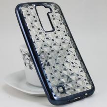 Силиконов калъф / гръб / TPU 3D за LG K8 - прозрачен / звездички и коронки / тъмно сив кант