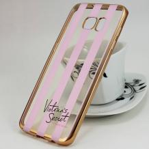 Луксозен силиконов калъф / гръб / TPU за Samsung Galaxy S7 Edge G935 - прозрачен Victoria`s Secret / златист кант