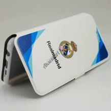 Кожен калъф Flip тефтер Flexi със стойка за Lenovo Moto Z Play - Real Madrid / Adidas / бял със синьо