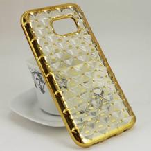 Силиконов калъф / гръб / TPU 3D за Samsung Galaxy S7 G930 - прозрачен / звездички и коронки / златист кант