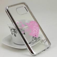 Луксозен силиконов калъф / гръб / TPU за Samsung Galaxy S7 G930 - прозрачен / розови сърца / Victoria's Secret / сребрист кант