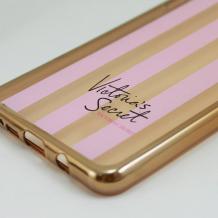 Луксозен силиконов калъф / гръб / TPU за Samsung Galaxy A5 2016 A510 - прозрачен с розово райе / Victoria's Secret / златист кант