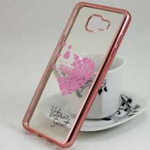 Луксозен силиконов калъф / гръб / TPU за Samsung Galaxy A5 2016 A510 - прозрачен / розови сърца / Victoria's Secret / Rose Gold кант