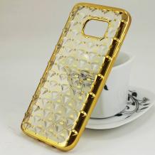 Силиконов калъф / гръб / TPU 3D за Samsung Galaxy S7 G930 - прозрачен / звездички и коронки / златист кант