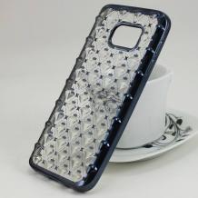 Силиконов калъф / гръб / TPU 3D за Samsung Galaxy S7 G930 - прозрачен / звездички и коронки / тъмно сив кант