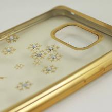Луксозен силиконов калъф / гръб / TPU с камъни за Samsung Galaxy S7 G930 - прозрачен / балерина / златист кант
