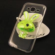 Силиконов калъф / гръб / TPU 3D за Samsung Galaxy J5 J500 - прозрачен с брокат / зелено зайче 
