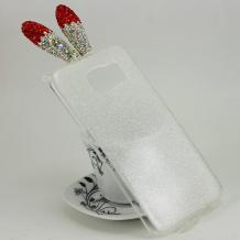 Луксозен силиконов калъф / гръб / TPU с камъни за Samsung Galaxy S6 Edge G925 - прозрачен / брокат / заешки ушички с червени камъни / мат