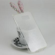 Луксозен силиконов калъф / гръб / TPU с камъни за Samsung Galaxy S6 G920 - прозрачен / брокат / заешки ушички с розови камъни / мат