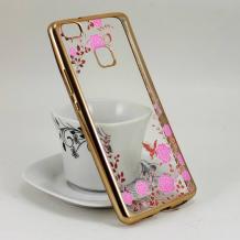 Силиконов калъф / гръб / TPU за Huawei P9 Lite - прозрачен / розови цветя и пеперуди / златист кант